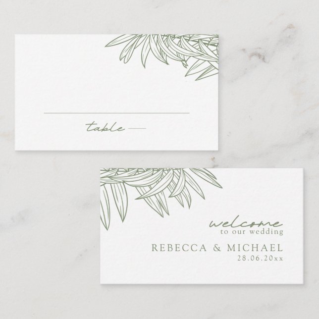 Sage Green Simple Hand Drawn Botanical Flat  Place Card (Front/Back)
