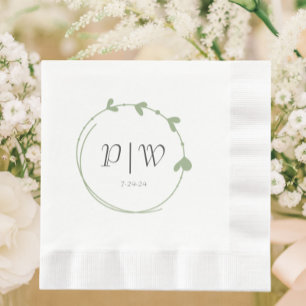 Sage Green Simple Heart Wreath Monogram Wedding Napkin