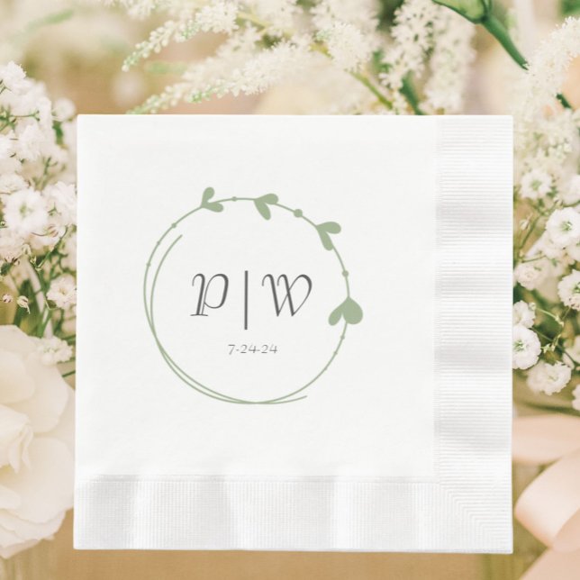 Sage Green Simple Heart Wreath Monogram Wedding Napkin (In Situ Wedding)