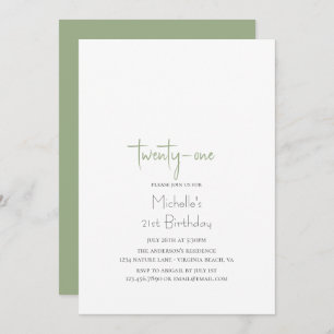 Sage Green Simple Modern Minimalist 21st Birthday Invitation