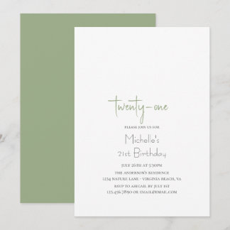 Sage Green Simple Modern Minimalist 21st Birthday Invitation