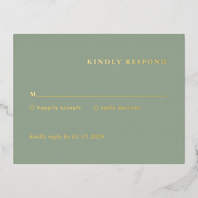Sage Green Simple Modern Wedding Foil RSVP Card (Front)