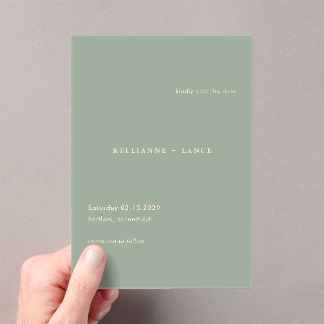 Sage Green Simple Modern Wedding Save the Date Acrylic Invitations (Insitu (Handheld))