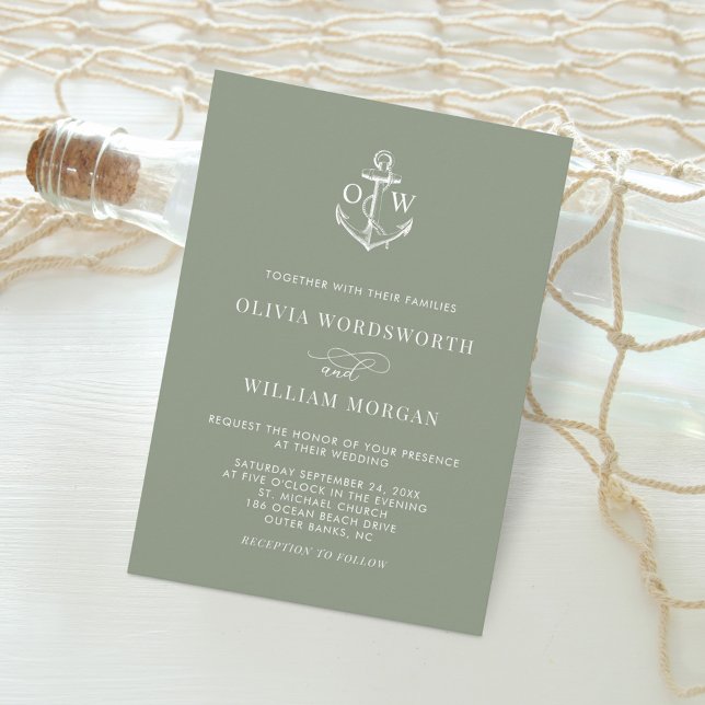 Sage Green Simple Nautical Anchor Monogram Wedding Invitation (Creator Uploaded)