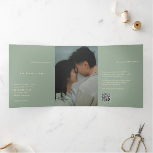 Sage Green Simple Photo QR Code Modern Wedding Tri-Fold Invitation