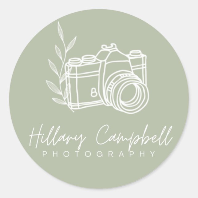 Sage Green Simple Photography Logo Promotional Classic Round Sticker (Front)
