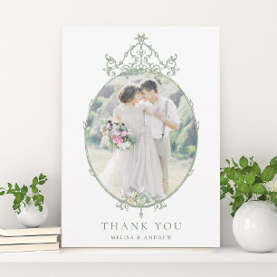 Sage Green Simple Vintage Frame Wedding Photo      Thank You Card