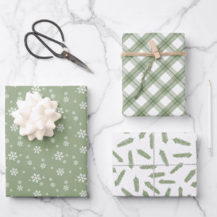Sage Green Snowflakes Pine Plaid Holiday Patterns Wrapping Paper Sheet
