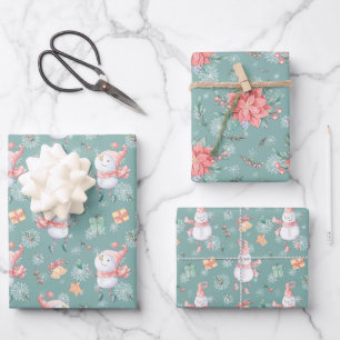 Sage Green Snowman Holiday Wrapping Paper Sheet