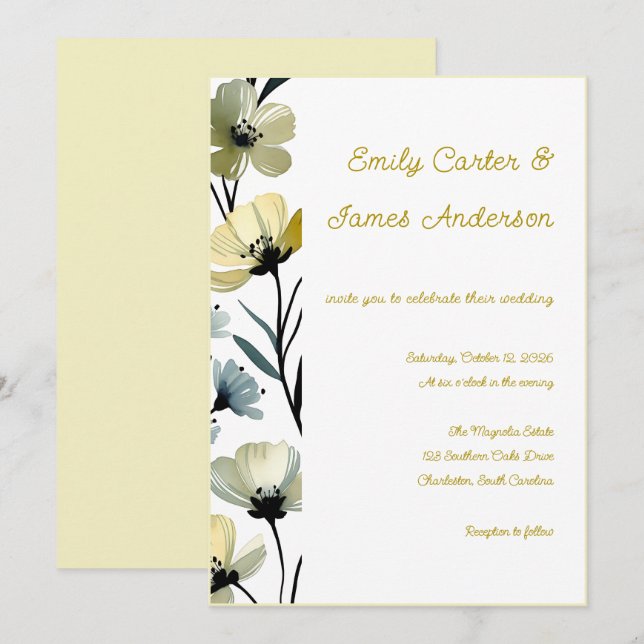 Sage Green & Soft Yellow Botanical Wedding Invitation (Front/Back)