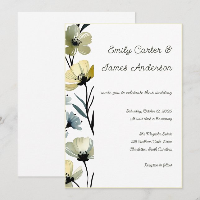 Sage Green & Soft Yellow Botanical Wedding Invitation (Front/Back)