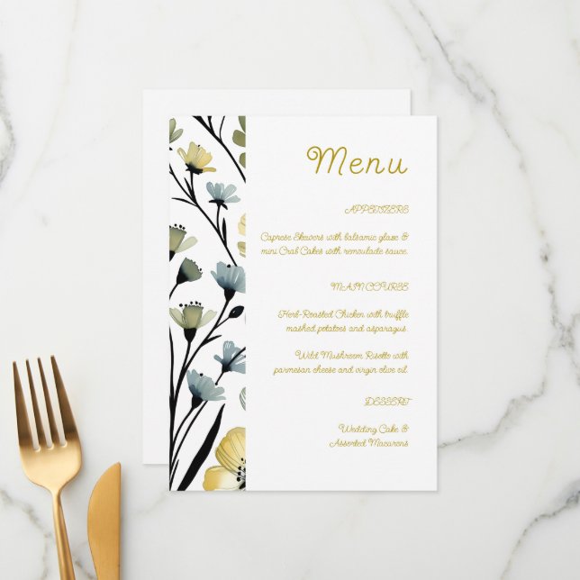 Sage Green & Soft Yellow Botanical Wedding Menu (Front/Back In Situ)