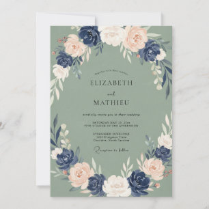 Sage Green Sophisticated Navy Floral Wedding Invitation