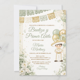 Sage Green Spanish Boy Fiesta Bautizo primer anito Invitation