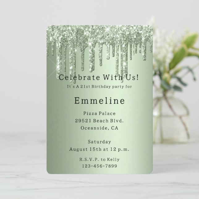 Sage Green Sparkle Glitter Drips Birthday Invitation (Standing Front)