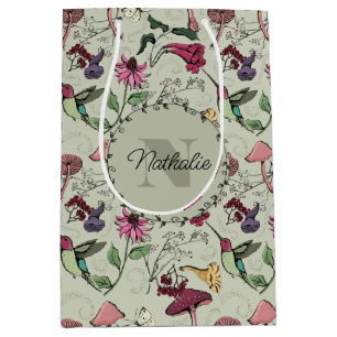 Sage Green Spring Garden Hummingbird Floral Medium Gift Bag