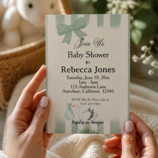 Sage Green Stork Baby Shower Neutral Invitation (AI Generated Hands Holding Card)
