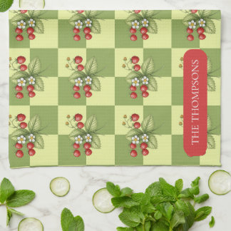 Sage Green Strawberry Chequerboard Cottagecore Tea Towel