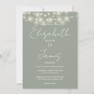 Sage Green String Lights Elegant Script Wedding Invitation