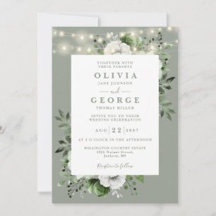 Sage Green String Lights Floral All In One Wedding Invitation