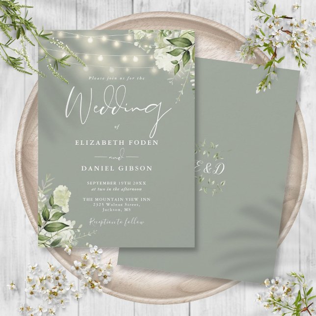 Sage Green String Lights Floral Monogram Wedding Invitation (Sage Green String Lights Floral Monogram Wedding Invitation)