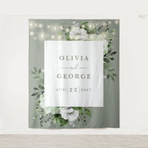 Sage Green String Lights Floral Photo Backdrop Tapestry