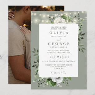 Sage Green String Lights Floral Photo Wedding Invitation