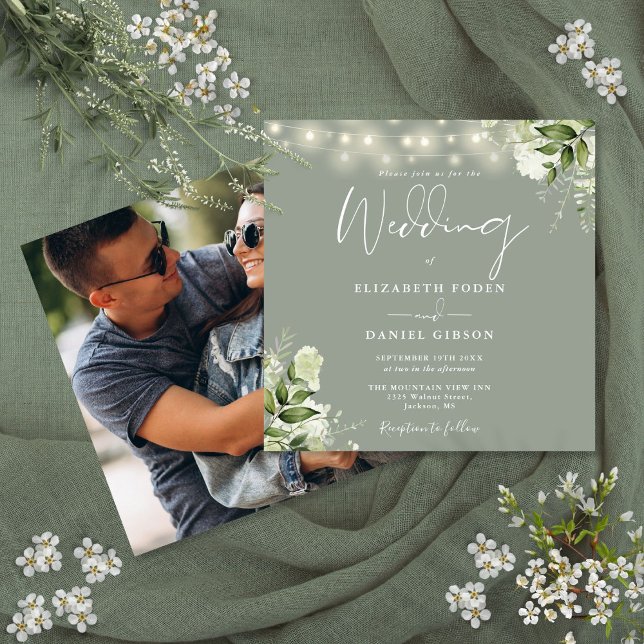 Sage Green String Lights Floral Photo Wedding Invitation (Sage Green String Lights Floral Photo Wedding Invitation)