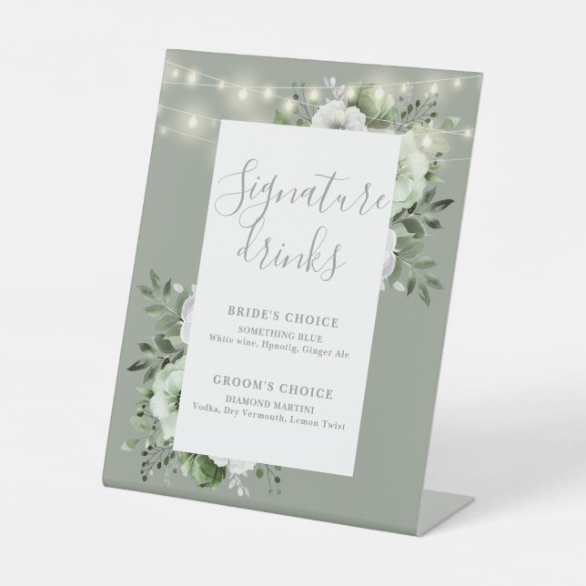 Sage Green String Lights Floral Signature Drinks Pedestal Sign (Front)