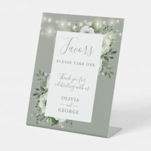 Sage Green String Lights Floral Wedding Favours Pedestal Sign