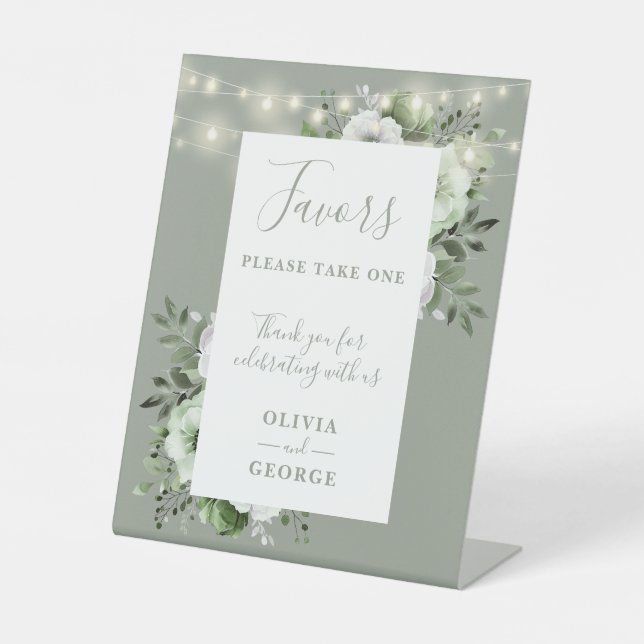 Sage Green String Lights Floral Wedding Favours Pedestal Sign (Front)