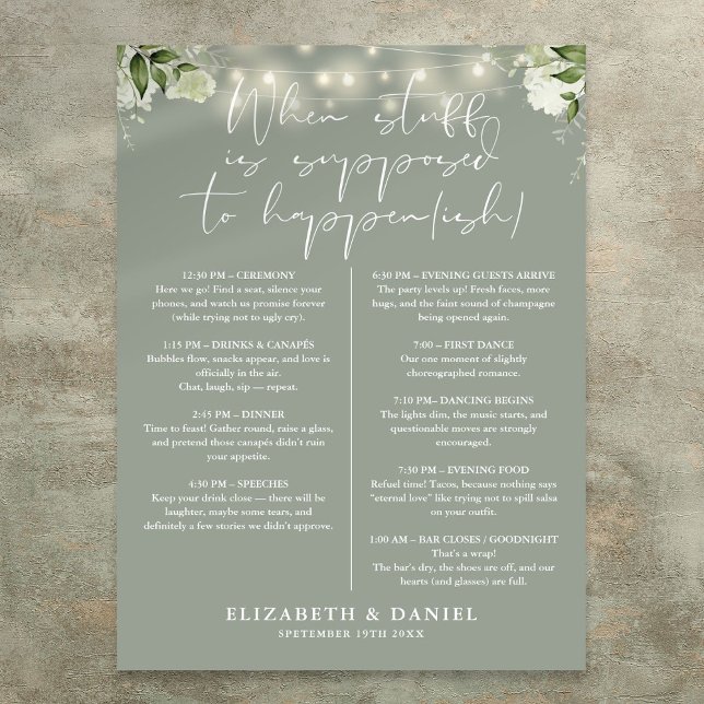 Sage Green String Lights Floral Wedding Itinerary Poster (Sage Green String Lights Floral Wedding Itinerary Poster)
