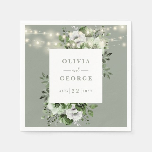 Sage Green String Lights Floral Wedding Napkin (Front)