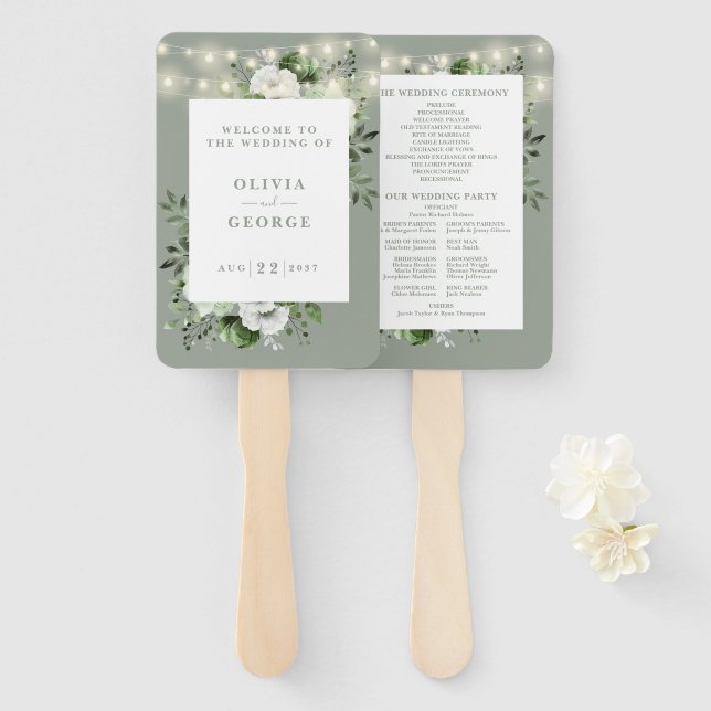 Sage Green String Lights Floral Wedding Program  Hand Fan (Front and Back)