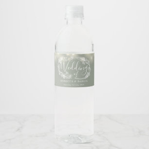 Sage Green String Lights Floral Wedding Water Bottle Label