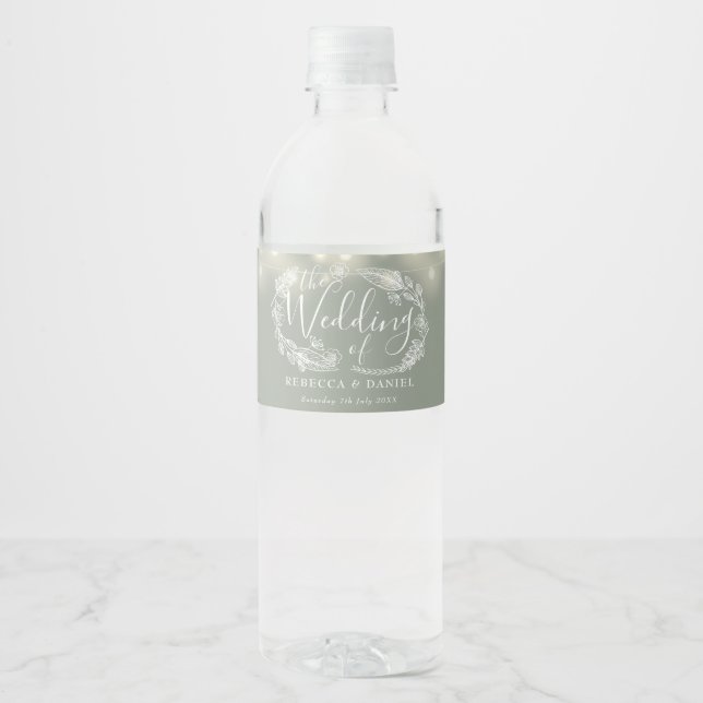 Sage Green String Lights Floral Wedding Water Bottle Label (Front)