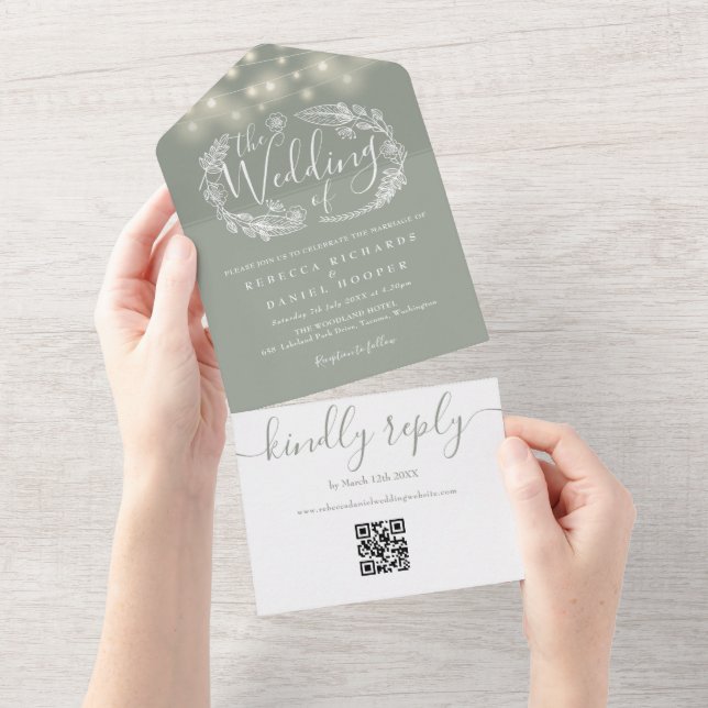 Sage Green String Lights QR Code Wedding All In One Invitation (Tearaway)
