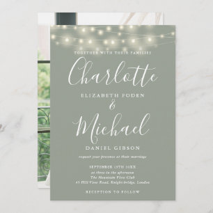 Sage Green String Lights Script Photo Wedding Invitation