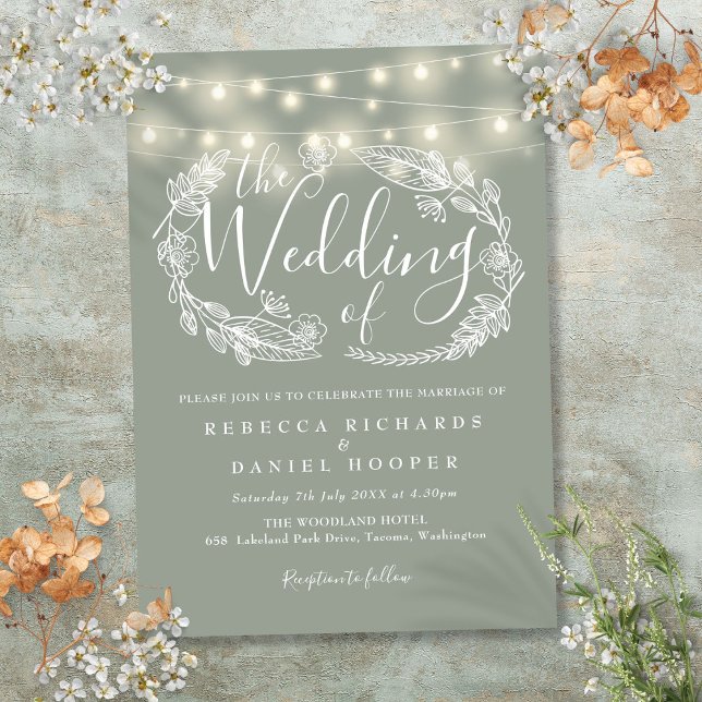 Sage Green String Lights Script Wedding Invitation (Sage Green String Lights Script Wedding Invitation)
