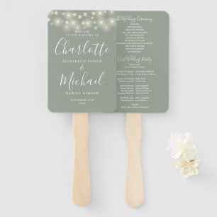 Sage Green String Lights Script Wedding Program Hand Fan