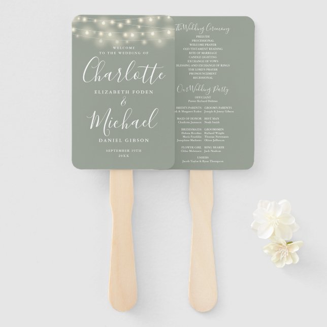Sage Green String Lights Script Wedding Program Hand Fan (Front and Back)