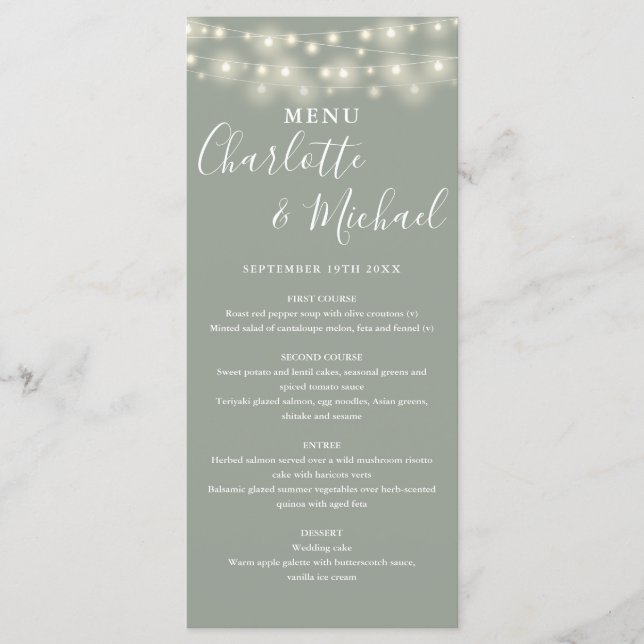 Sage Green String Lights Signature Wedding Menu (Front)