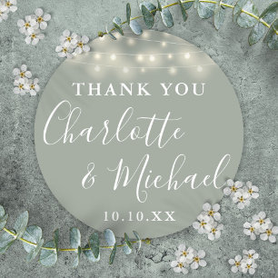 Sage Green String Lights Wedding Favour Thank You Classic Round Sticker
