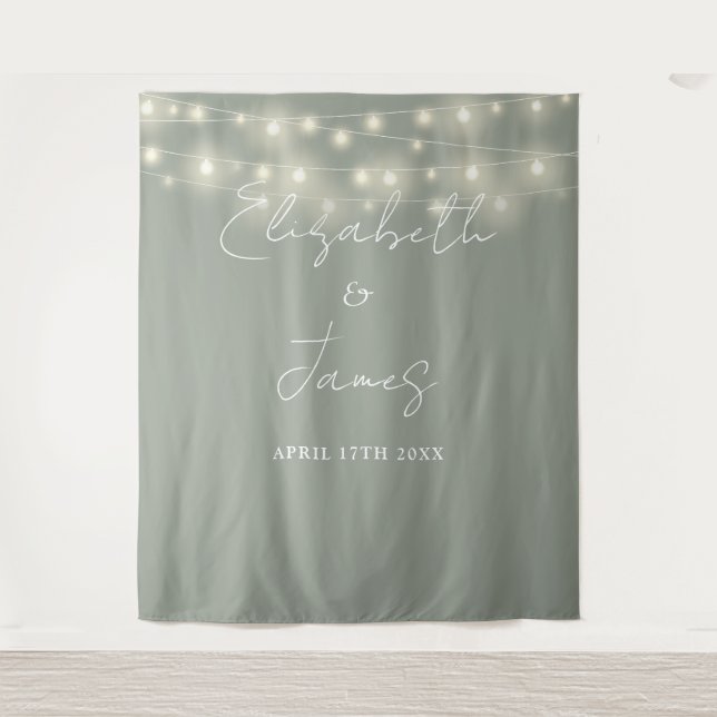 Sage Green String Lights Wedding Photo Backdrop Tapestry (Front)