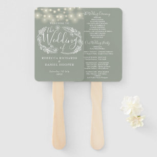 Sage Green String Lights Wedding Program Hand Fan