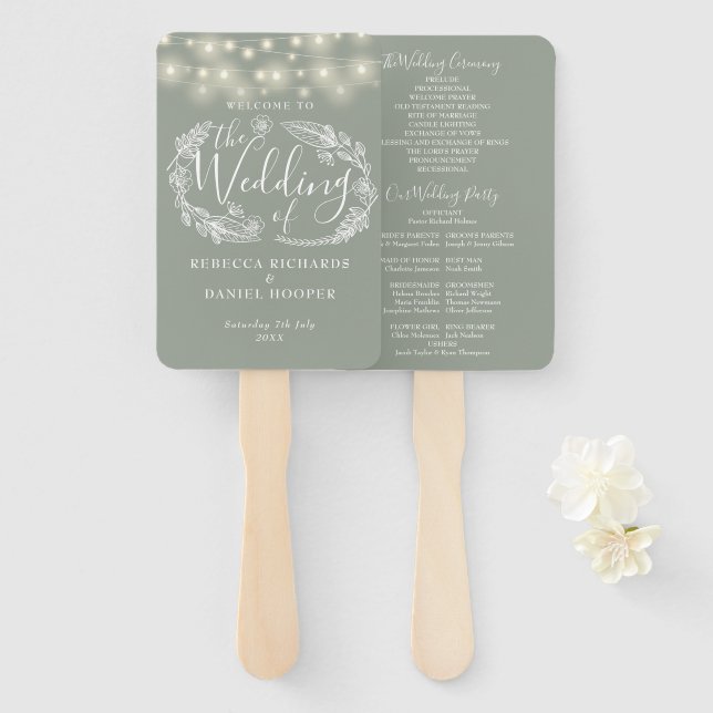 Sage Green String Lights Wedding Program Hand Fan (Front and Back)
