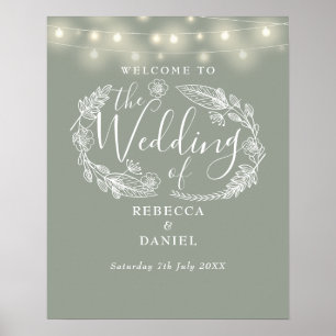 Sage Green String Lights Wedding Welcome Sign