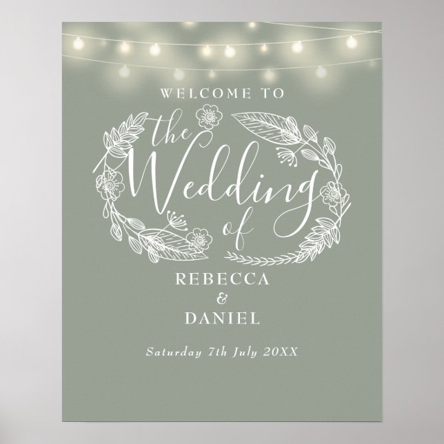 Sage Green String Lights Wedding Welcome Sign (Front)