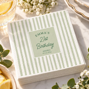Sage Green Stripe 21st Birthday Coastal Chic Napkin