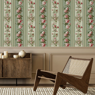 Sage Green Stripe and Pink Rose Floral Wallpaper